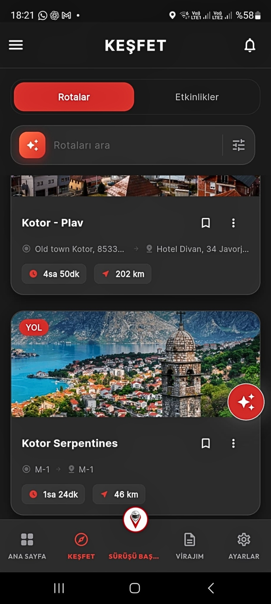 VIRAJ — rota keşfet ekranı